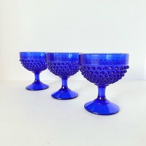 Vintage Set of 3 L.E. Smith Cobalt Blue Hobnail Tall Sherbet / Champagne Glasses